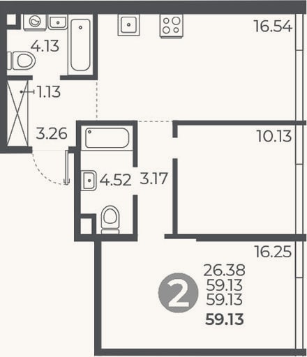 Планировка: 2-к, 59,1 м²
