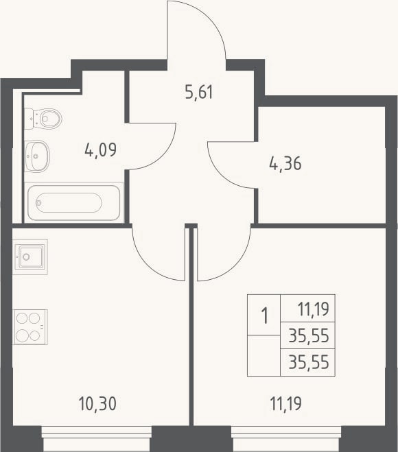 Планировка: 1-к, 35,6 м²