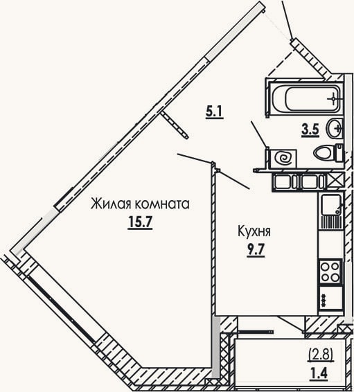 Планировка: 1-к, 34 м²
