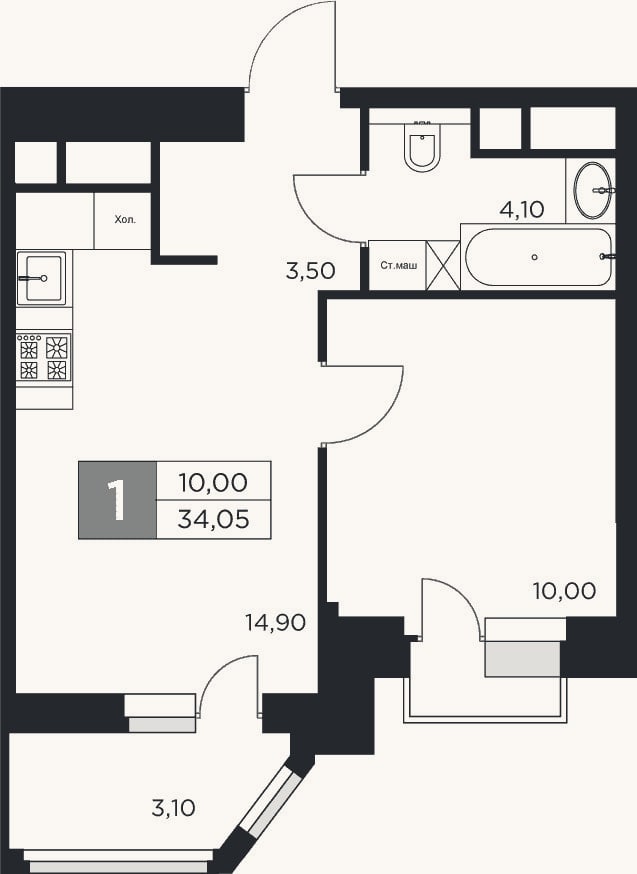 Планировка: 1-к, 32,5 м²