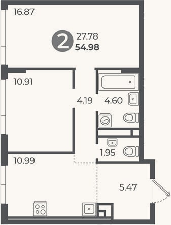 Планировка: 2-к, 55 м²