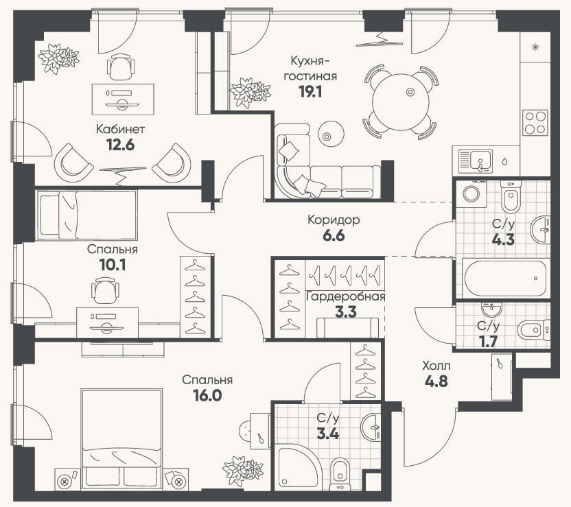 Планировка: 4+ к, 81,9 м²