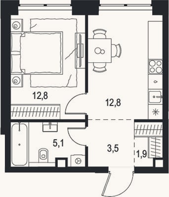 Планировка: 1-к, 36,1 м²