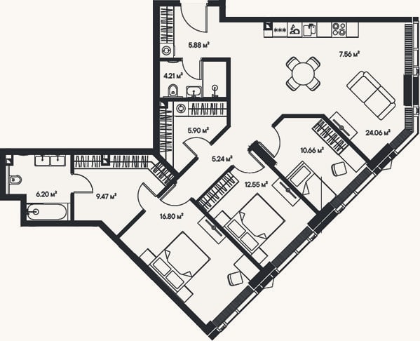 Планировка: 4+ к, 108,5 м²