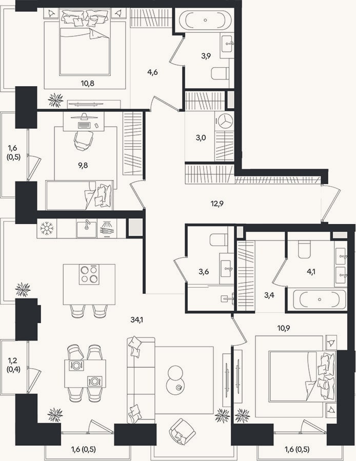 Планировка: 4+ к, 101,1 м²