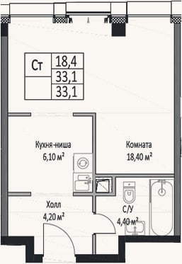 Планировка: Студия, 33,1 м²