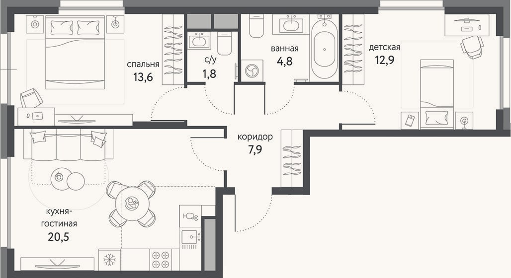 Планировка: 3-к, 61,2 м²