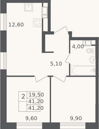 Планировка: 2-к, 41,2 м²