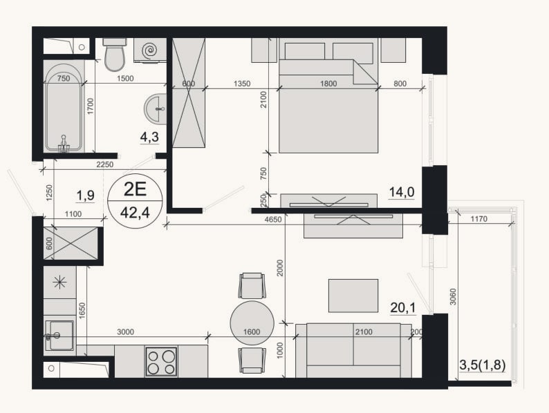 Планировка: 2-к, 40,3 м²