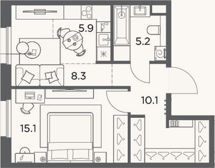 Планировка: 2-к, 44,6 м²