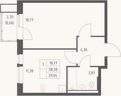 Планировка: 1-к, 38,4 м²