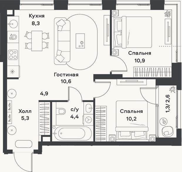 Планировка: 3-к, 54,6 м²