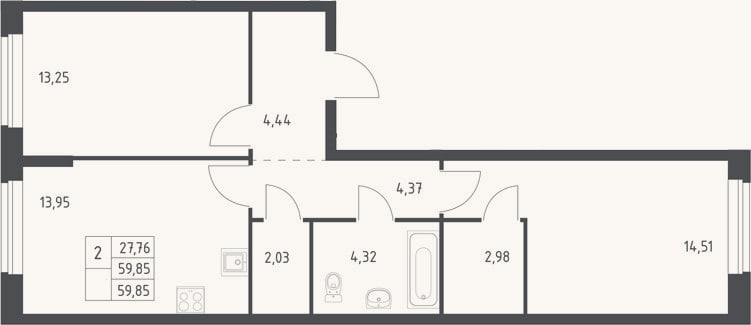Планировка: 2-к, 59,9 м²