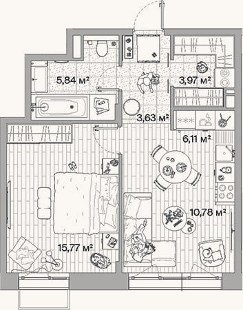 Планировка: 2-к, 46,1 м²