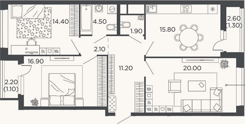 Планировка: 3-к, 86,8 м²