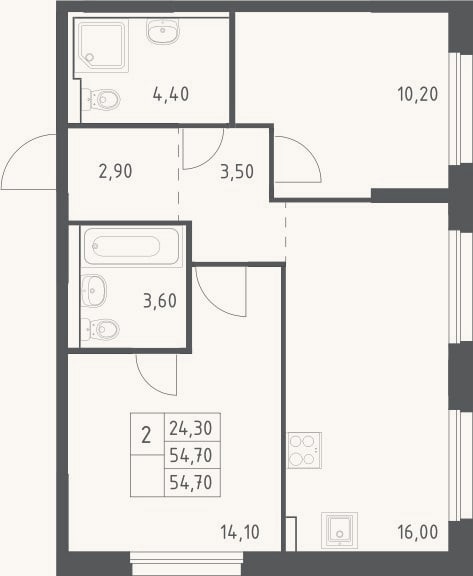Планировка: 3-к, 54,7 м²