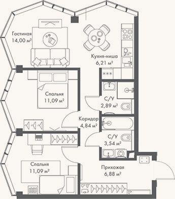 Планировка: 3-к, 60,5 м²