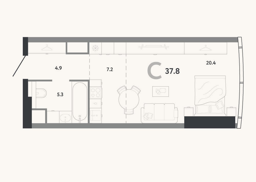 Планировка: Студия, 37,8 м²