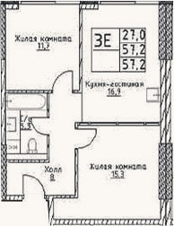 Планировка: 3-к, 57,2 м²