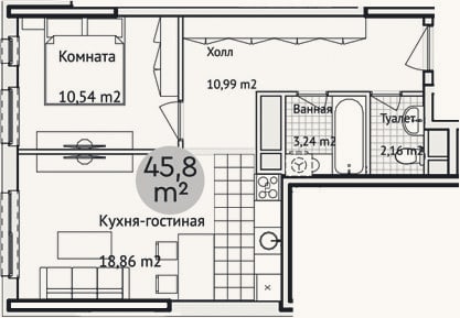 Планировка: 2-к, 46,9 м²