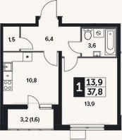 Планировка: 1-к, 36,2 м²
