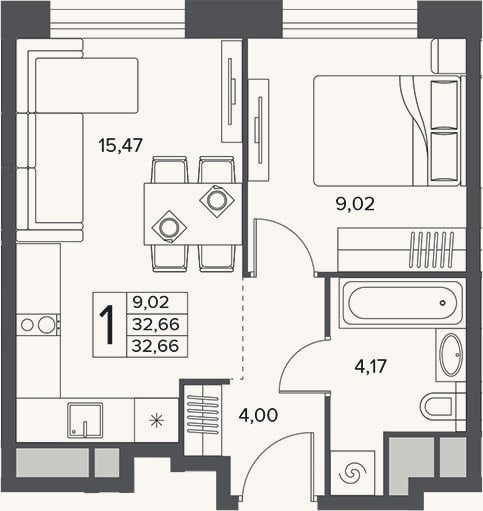 Планировка: 1-к, 32,7 м²