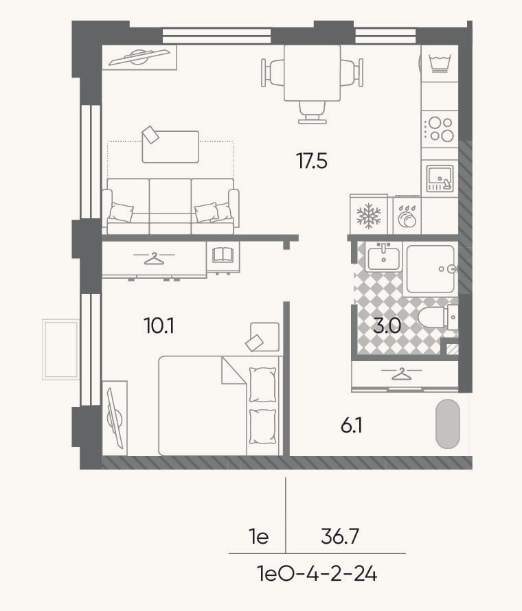 Планировка: 2-к, 36,7 м²