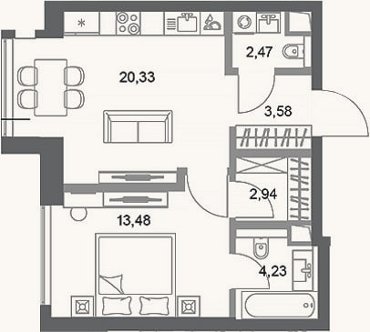 Планировка: 1-к, 47 м²