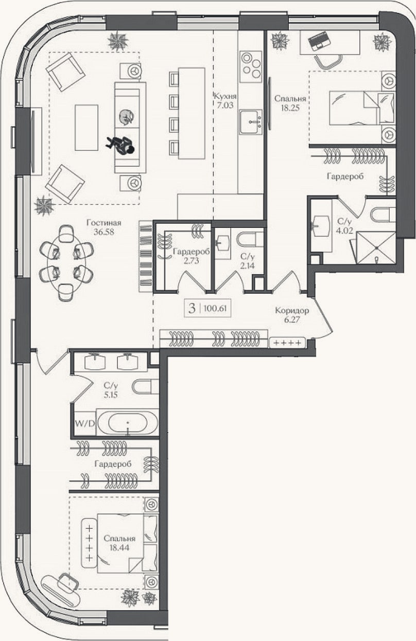 Планировка: 3-к, 100,6 м²