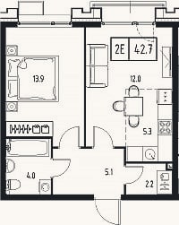 Планировка: 2-к, 42,5 м²