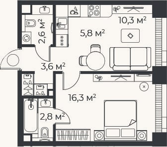 Планировка: 2-к, 41,3 м²