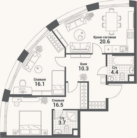 Планировка: 3-к, 71,6 м²