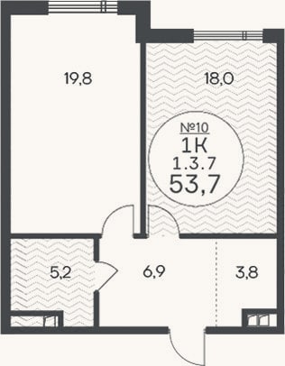 Планировка: 1-к, 53,7 м²