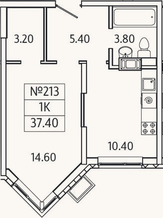 Планировка: 1-к, 37,4 м²