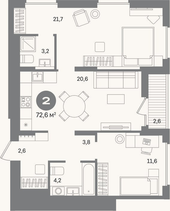 Планировка: 2-к, 70 м²