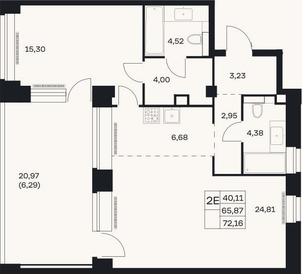Планировка: 2-к, 65,9 м²