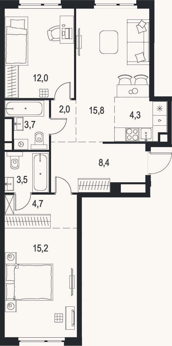 Планировка: 3-к, 69,6 м²