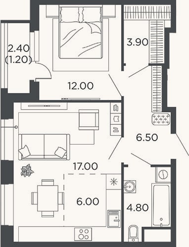 Планировка: 2-к, 50,2 м²