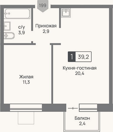 Планировка: 2-к, 38,5 м²
