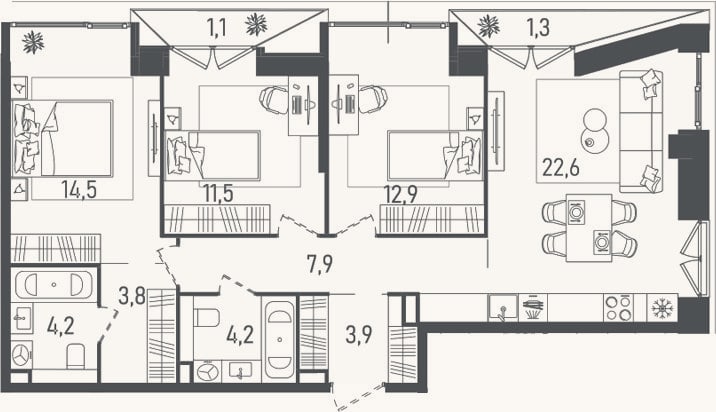 Планировка: 4+ к, 85,5 м²
