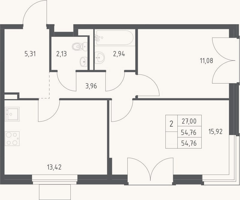 Планировка: 2-к, 54,8 м²