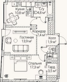 Планировка: 2-к, 61 м²