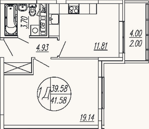 Планировка: 1-к, 39,6 м²
