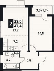 Планировка: 2-к, 45,7 м²