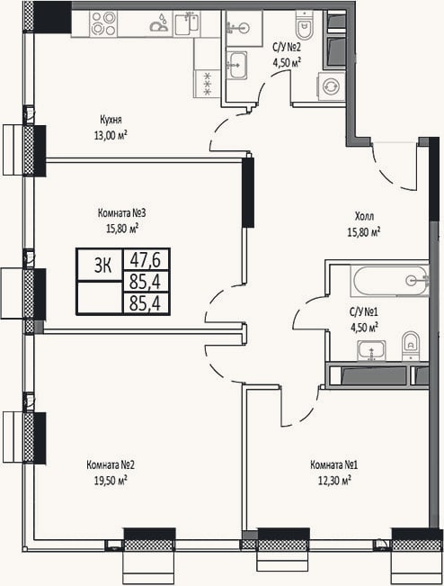 Планировка: 3-к, 85,4 м²