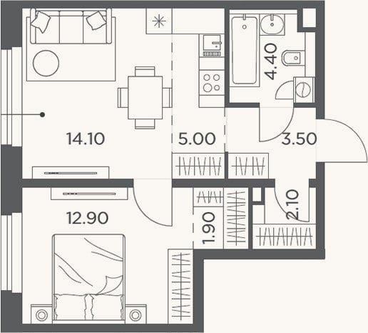 Планировка: 2-к, 43,9 м²