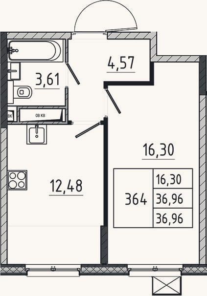 Планировка: 1-к, 37 м²