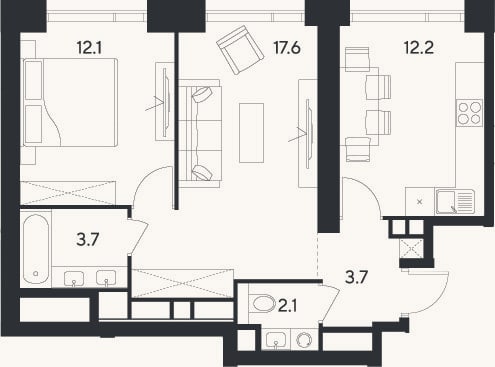 Планировка: 2-к, 51,4 м²