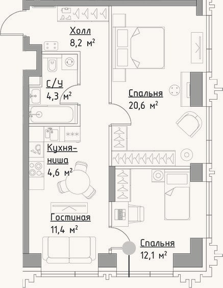 Планировка: 3-к, 61,2 м²