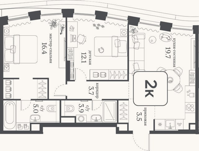 Планировка: 2-к, 64,3 м²